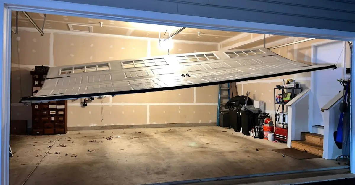 Broken garage door partially detached from ceiling in a residential garage needing professional repair.